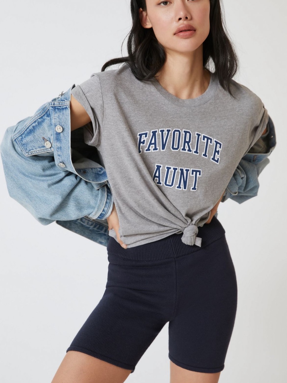 Favorite Daughter Grey Tee with Navy Lettering “Favorite Aunt”